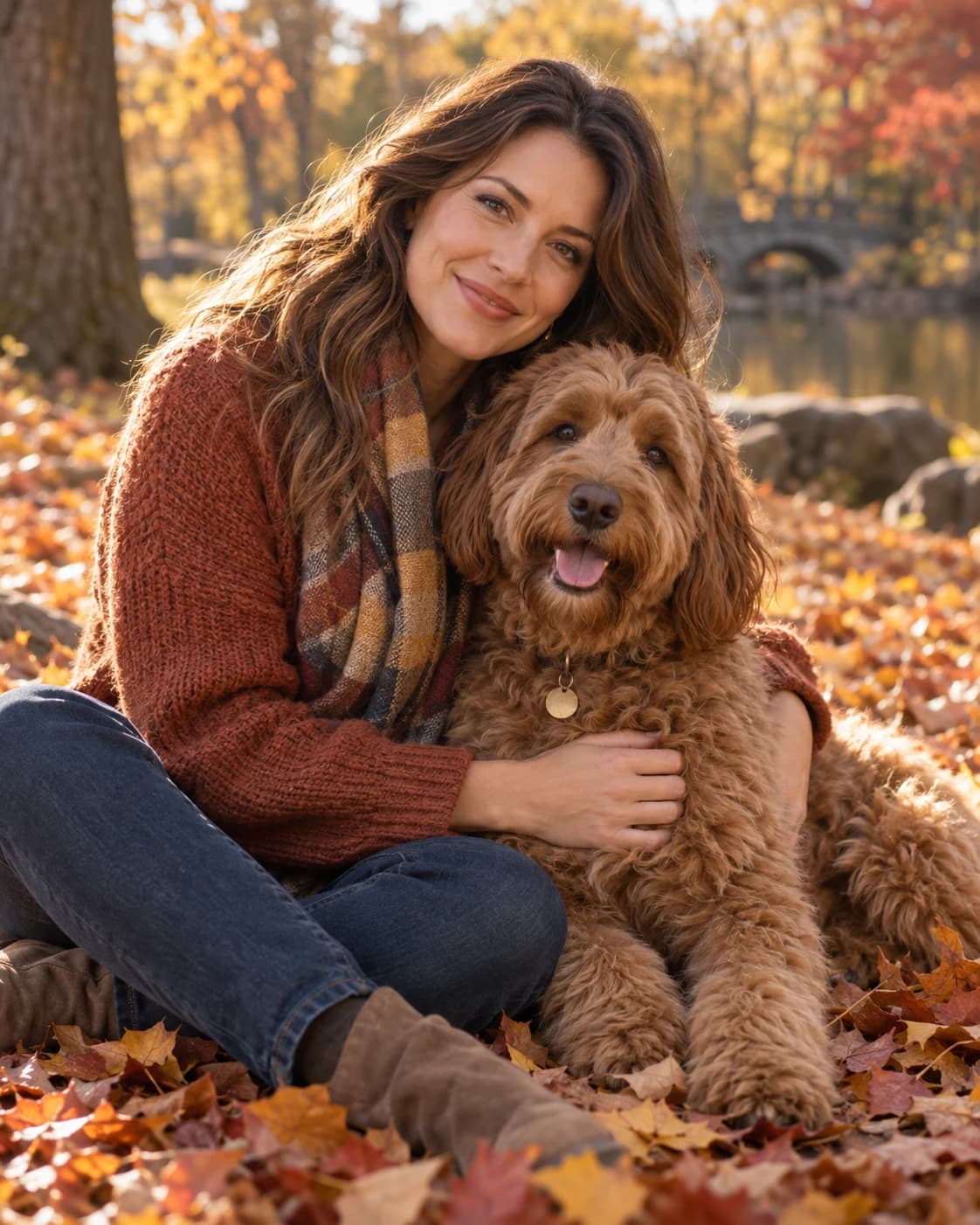 Woman with a fluffy dog among autumn leaves