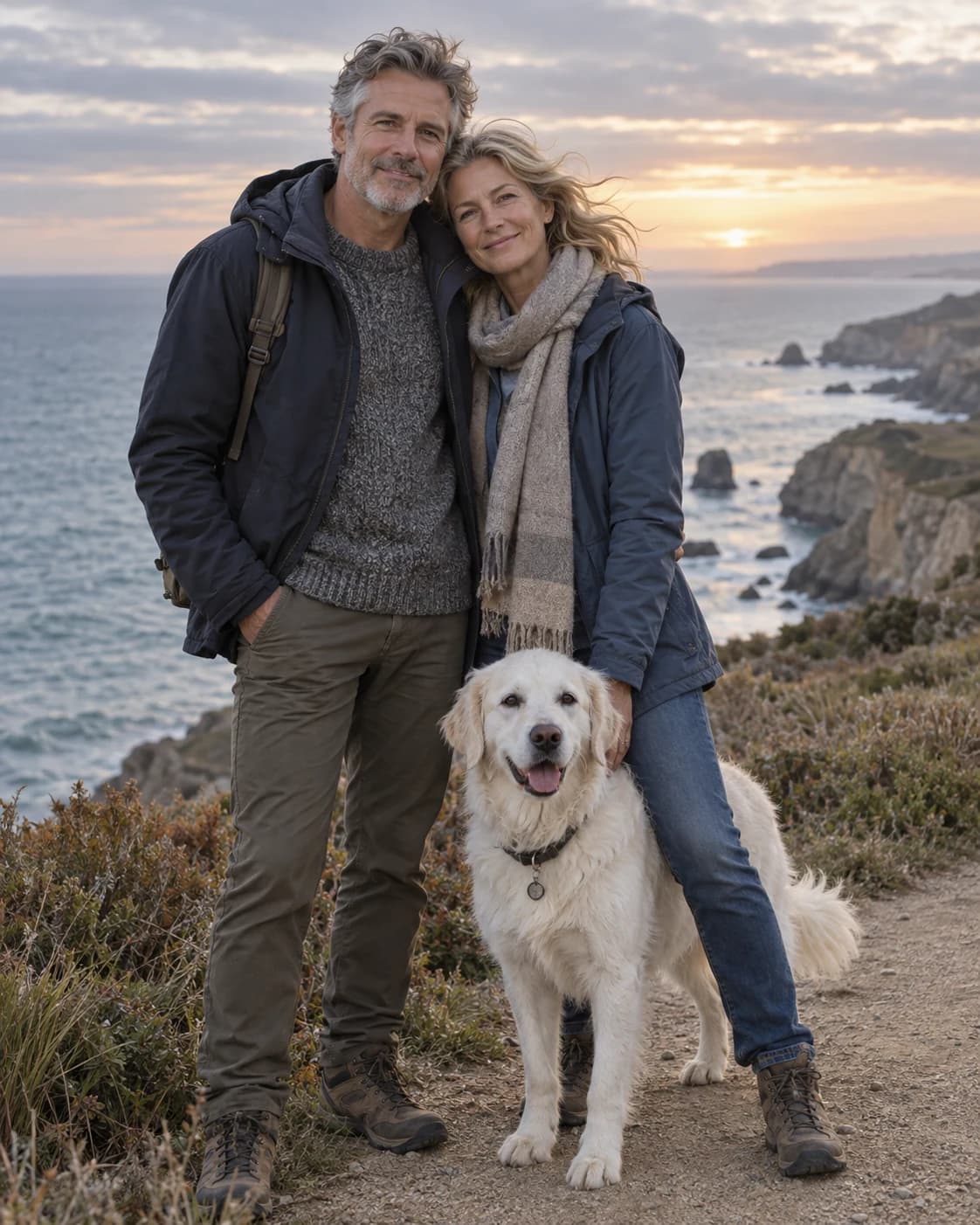 Two adults and a white dog on a coastal path