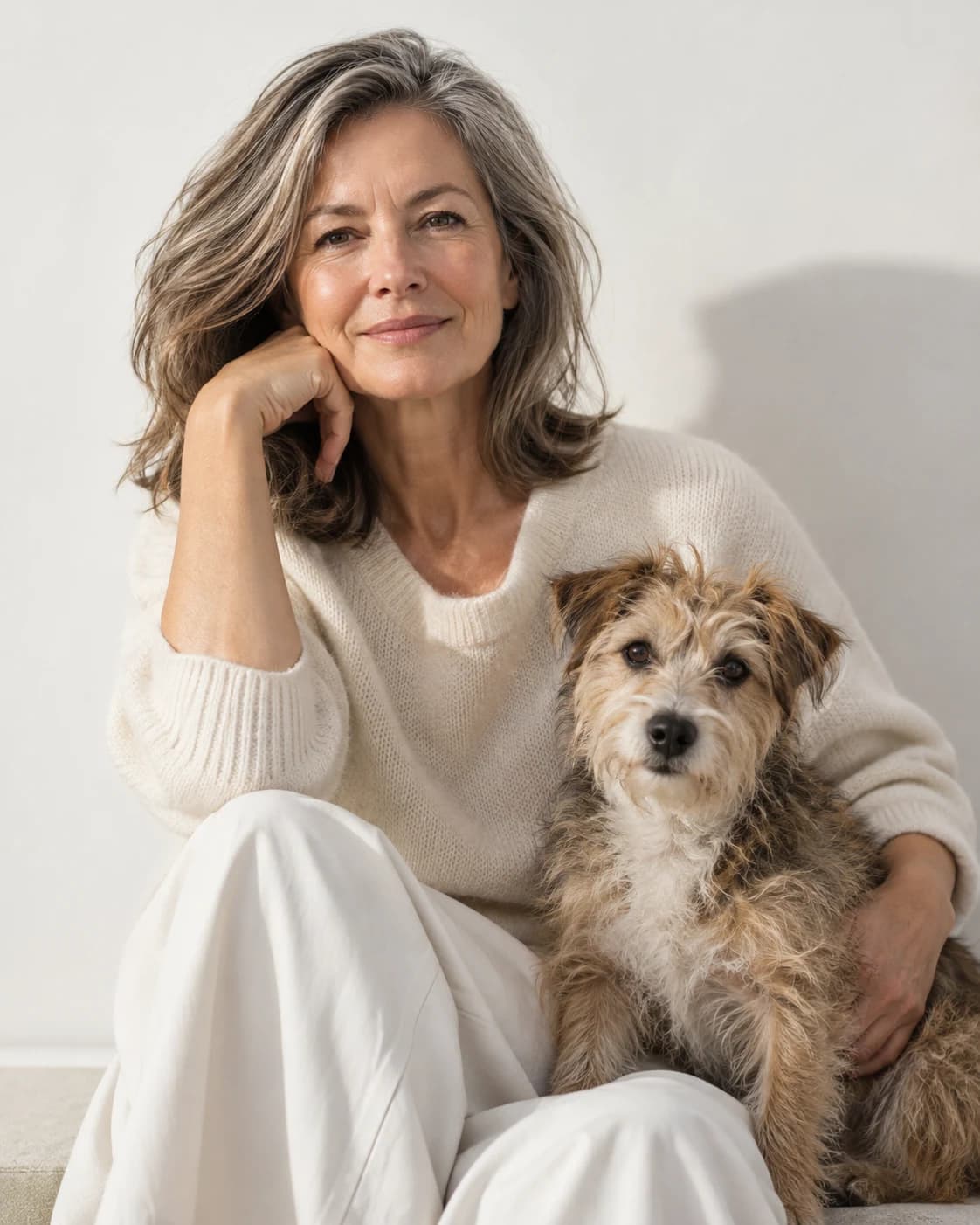 Woman with a small terrier in a bright portrait studio