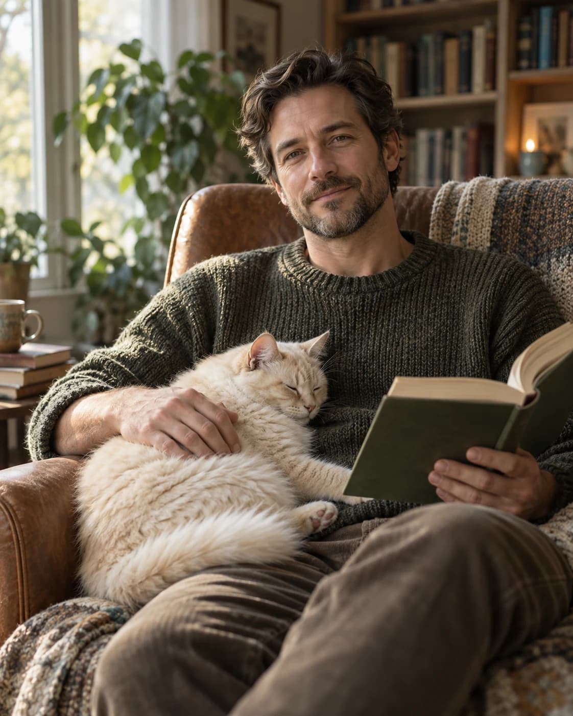 Man relaxing in a reading chair with a cream-colored cat