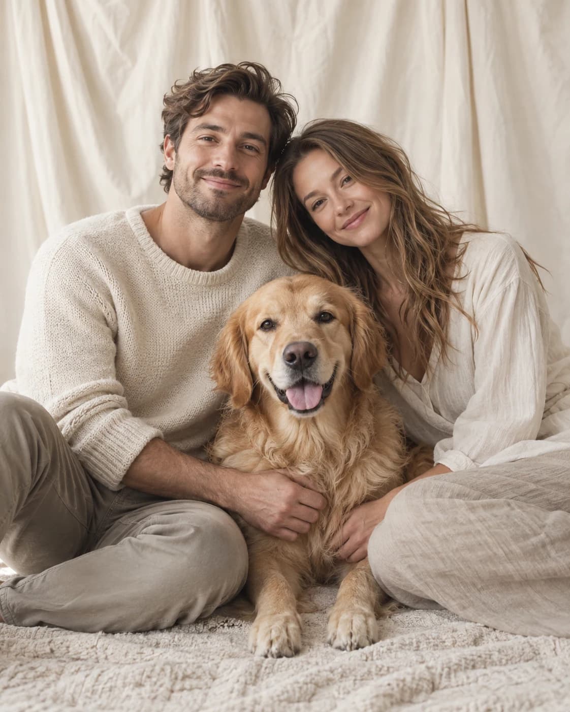 Two adults and a golden retriever against a linen backdrop