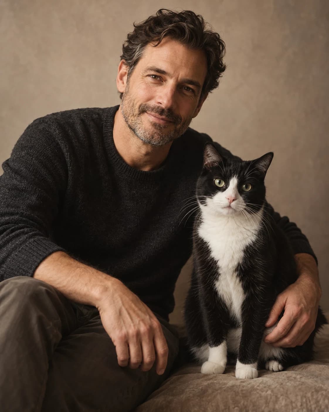 Man seated beside a tuxedo cat in a warm portrait studio