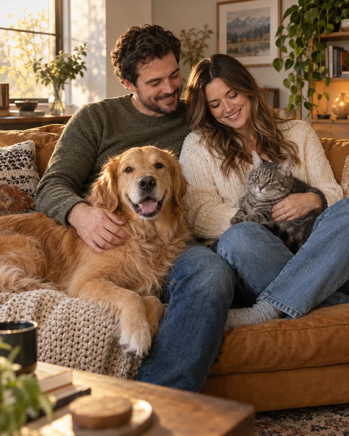 Two adults with a dog and cat together on a sofa
